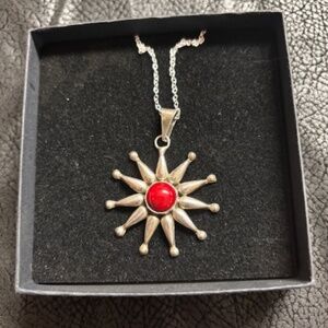 Sun pendant sterling silver w/ red stone agate- 9-1/2" new chain SS-Signed